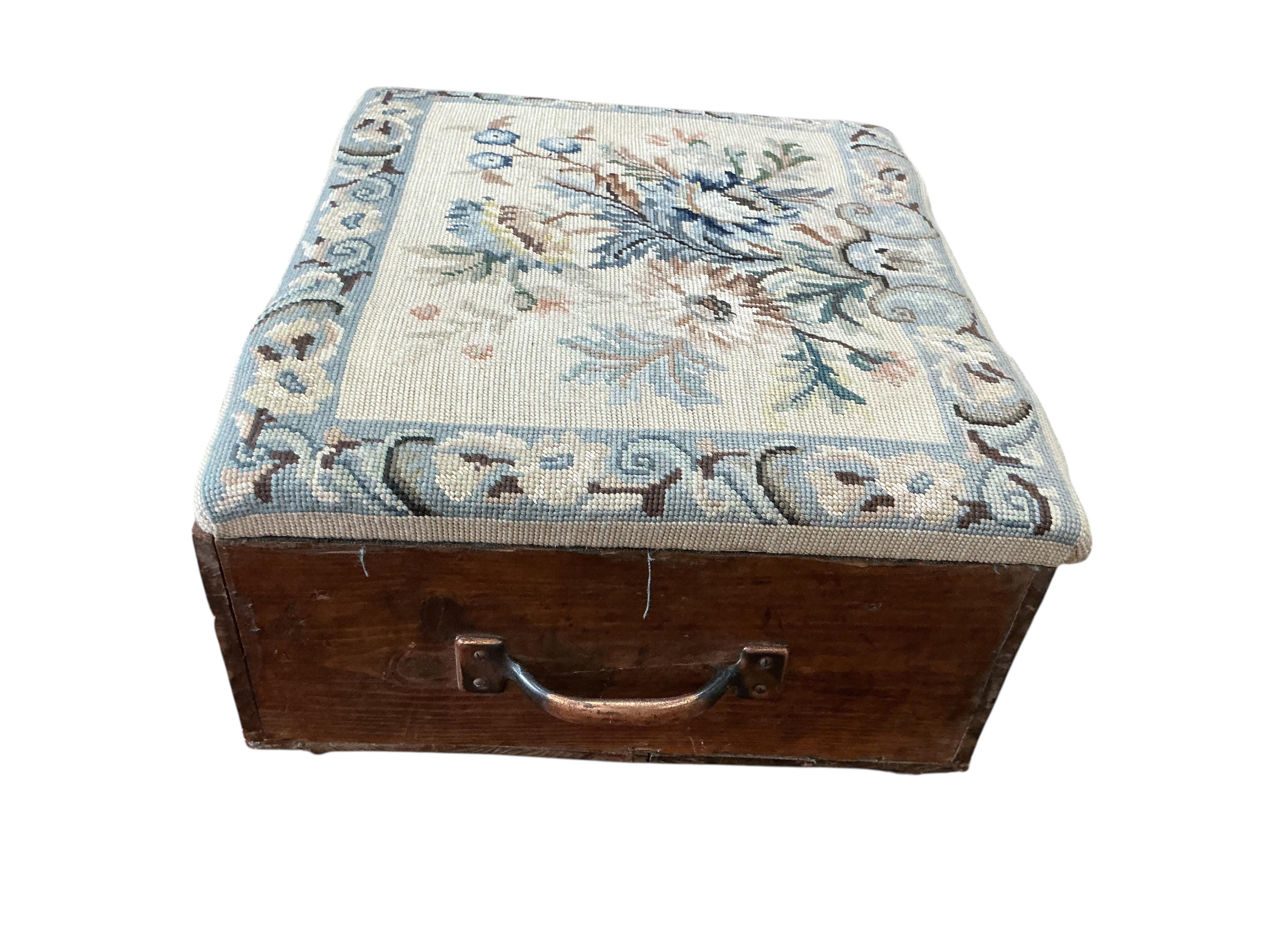 A Latour wine case footstool with a tapestry top, width 50cm, depth 44cm, height 20cm